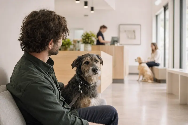 Ein ruhiger Armant Hund sitzt neben seinem Besitzer im modernen Wartezimmer einer Tierarztpraxis.